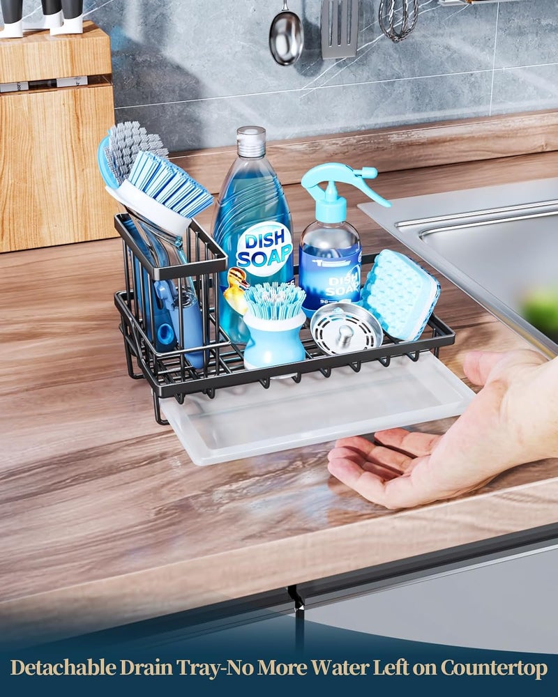 Consumest Sink Caddy, Kitchen Sponge Holder with Dish Brush Holder, Kitchen Sink Organizer with Drip Tray for Countertop Stainless Steel Rustproof, Black-Large - Image 4